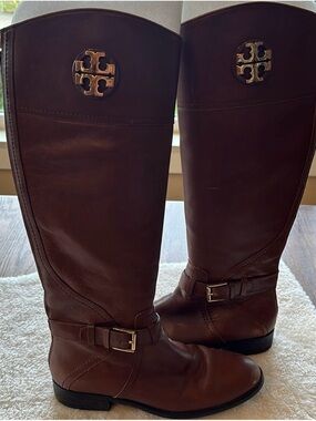 Tory Burch Brown Leather Riding Boots with Logo 8.5